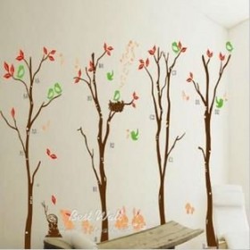 4 Trees, Birds and Rabbits Wall Decal